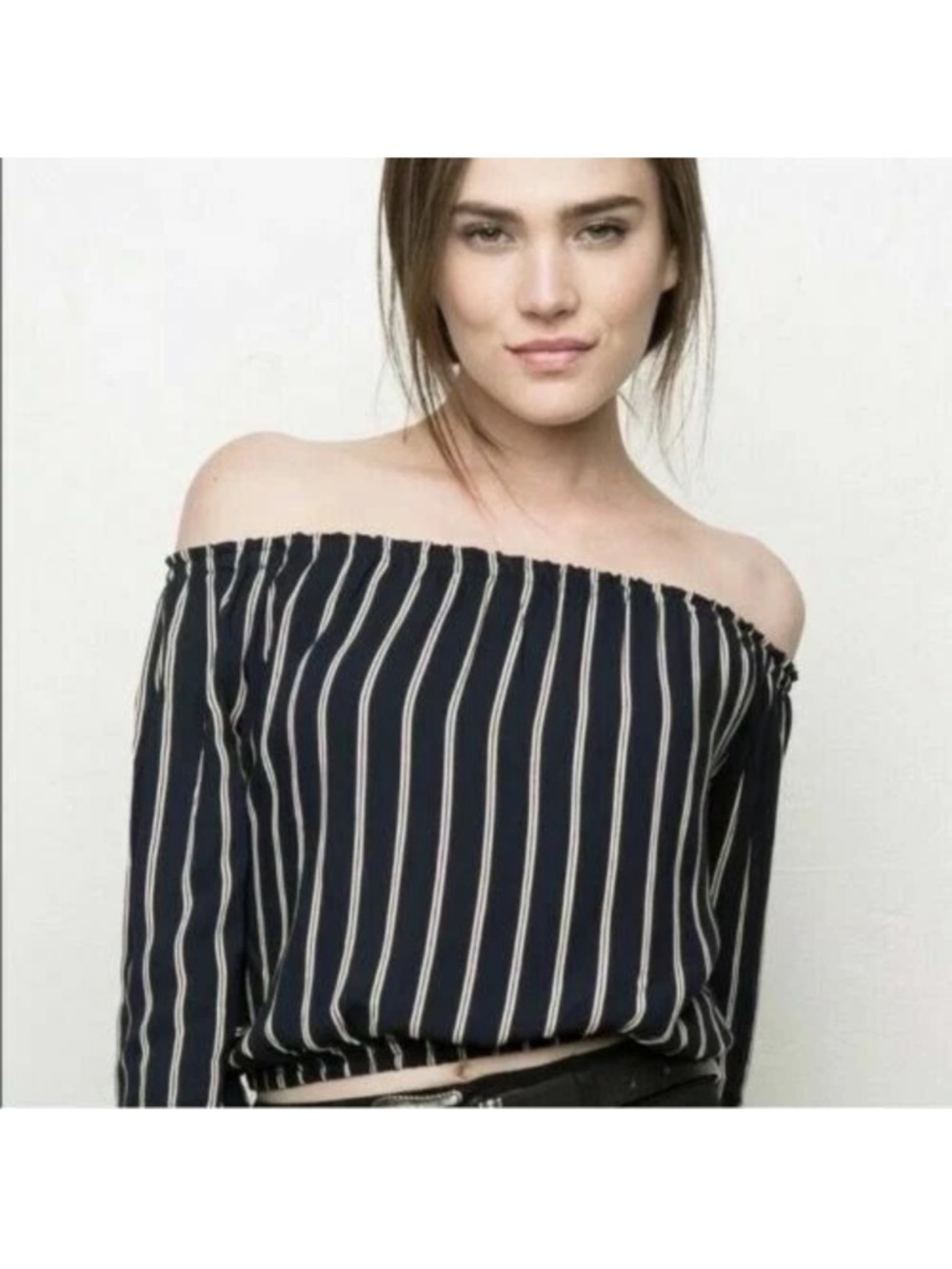 Brandy Melville Off Shoulder Top Black with Cream Stripes OS